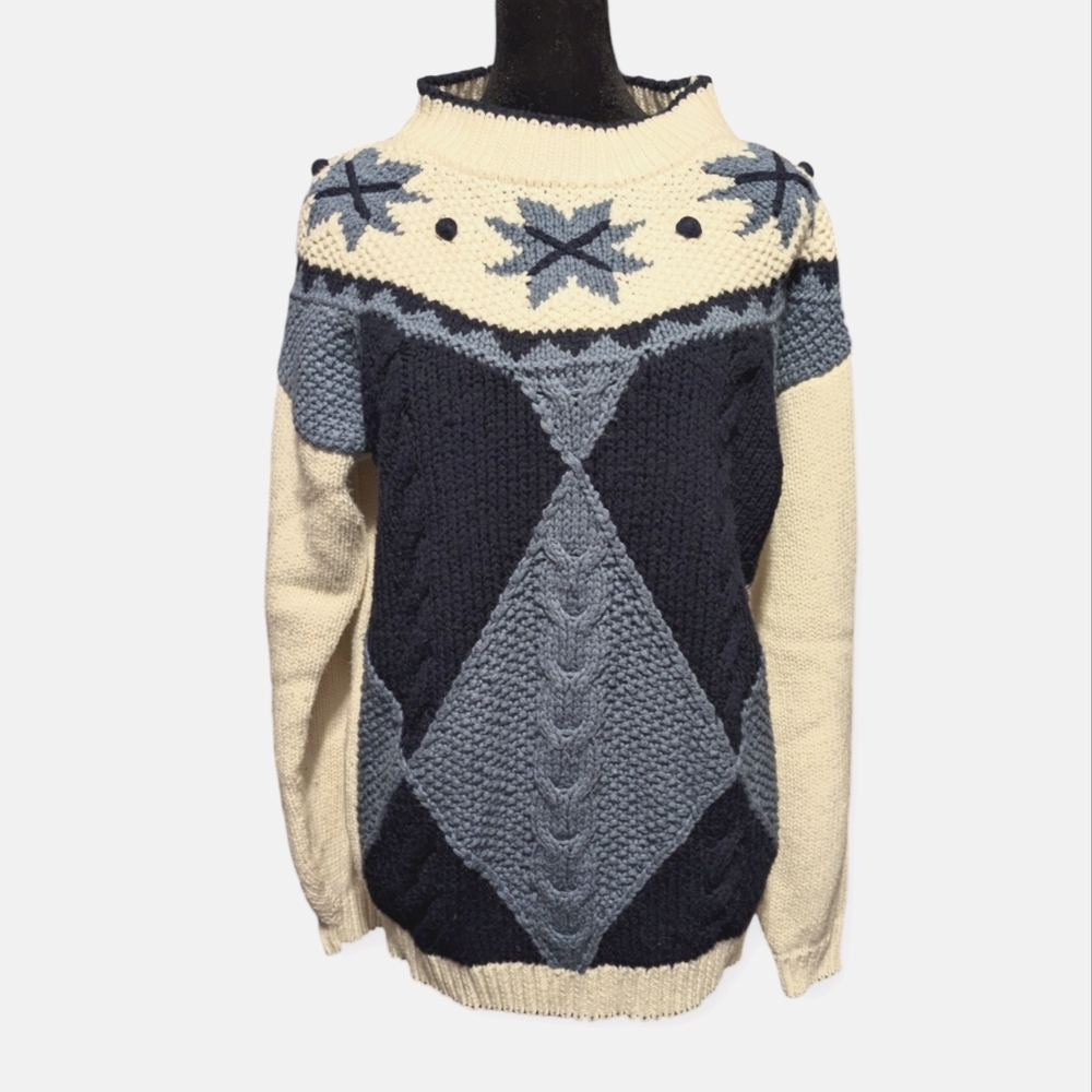 Vintage Weekend Edition Hand Knitted Sweater Cottagecore Blue Ivory Oversized